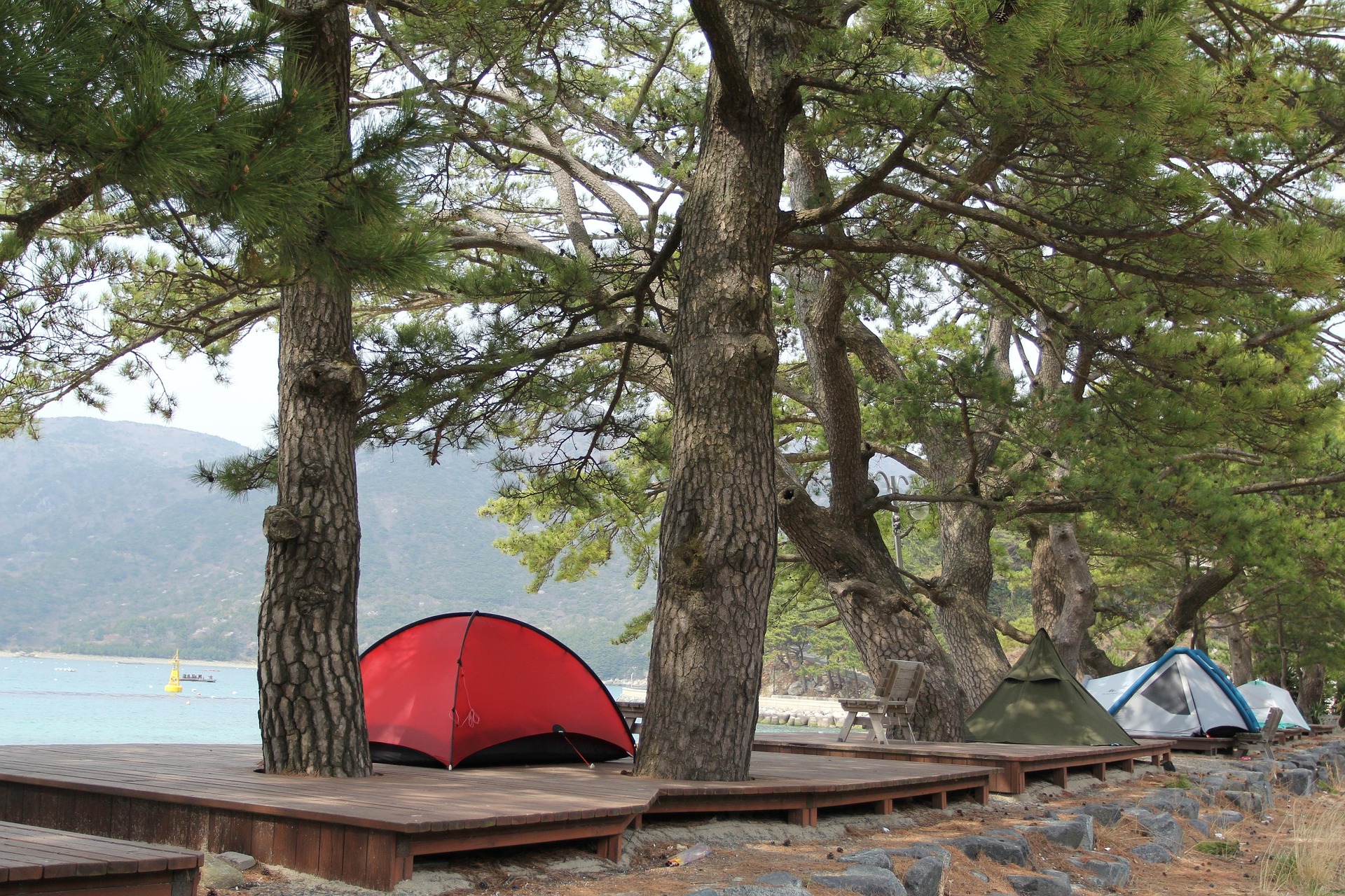 Zelte auf Holzplattformen unter Kiefern am Seeufer eines Campingplatzes